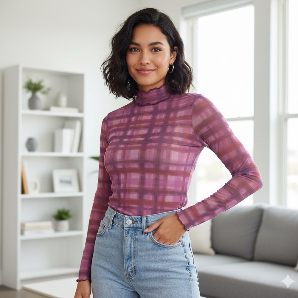 Pilcro & Letterpress Pink Plaid Mesh Mock Neck Top, Stretchy, XXS (stretchy)